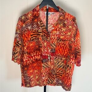 Chico's Design Womens Vintage Linen Orange Button-Up Shirt Short Sleeve Size XL